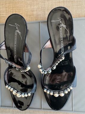 Giuseppe Zanotti Black Patent Slide Heels with Silver Bead Trim